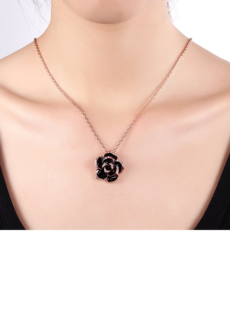 Elegant Plated Rose Gold Rose Pendant with Austrian Element Crystal and Necklace