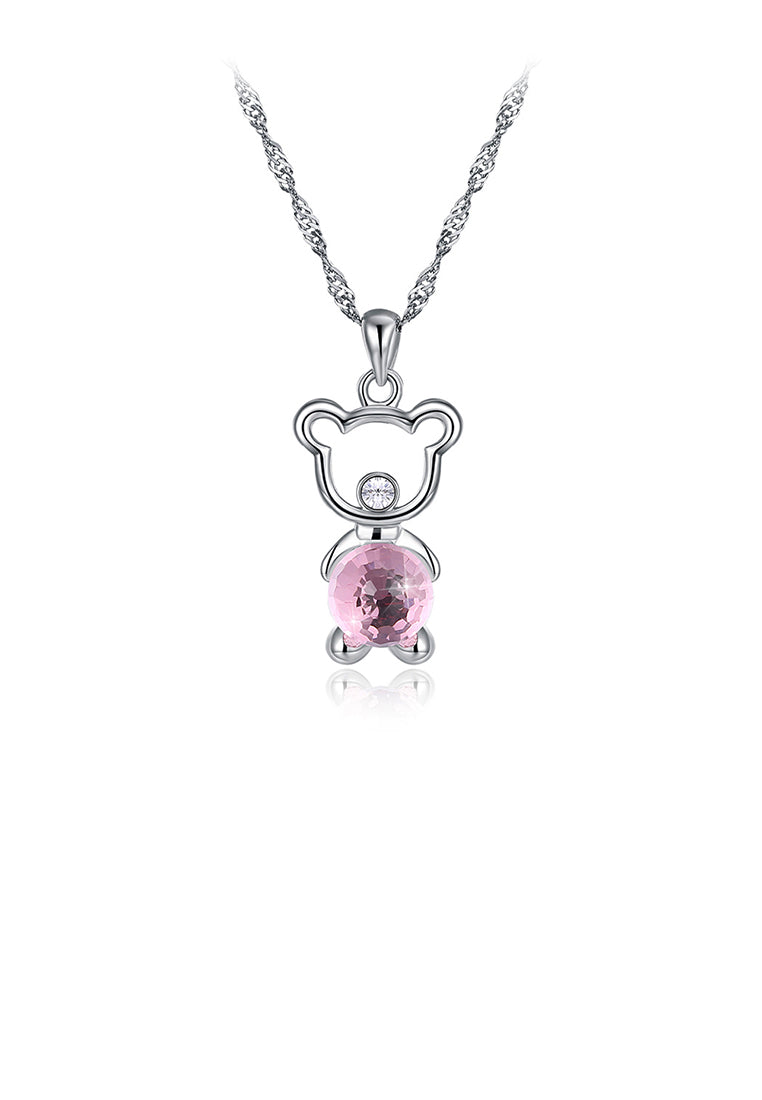 925 Sterling Silver Fashion Cute Little Bear Pendant Necklace with Pink Austrian Element Crystal - Vibrant Color