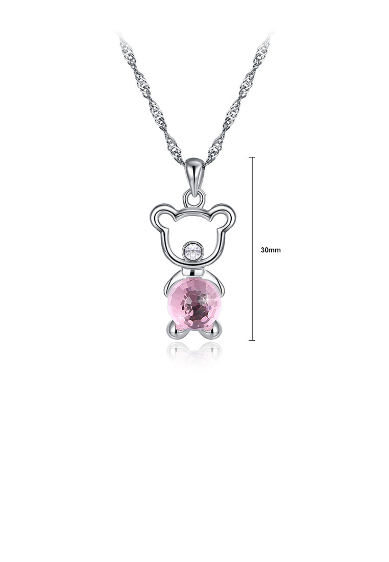 925 Sterling Silver Fashion Cute Little Bear Pendant Necklace with Pink Austrian Element Crystal - Vibrant Color