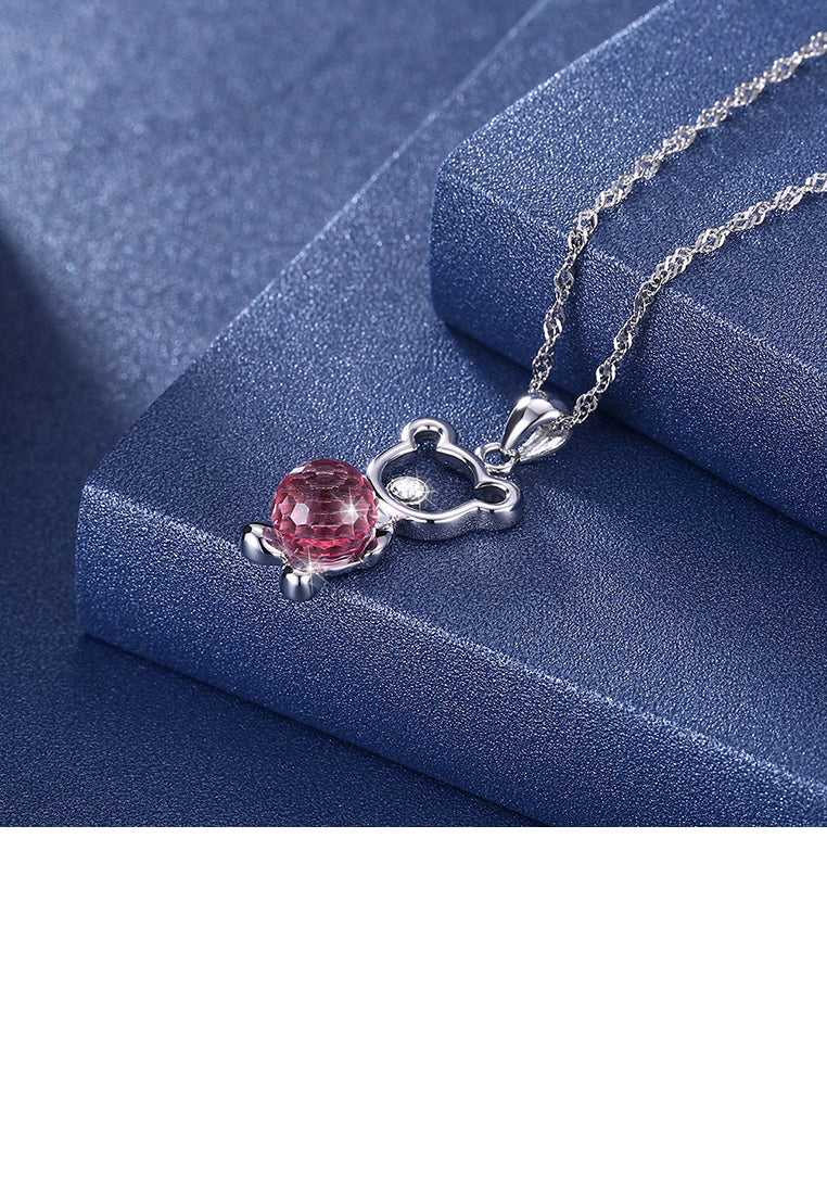 925 Sterling Silver Fashion Cute Little Bear Pendant Necklace with Pink Austrian Element Crystal - Vibrant Color