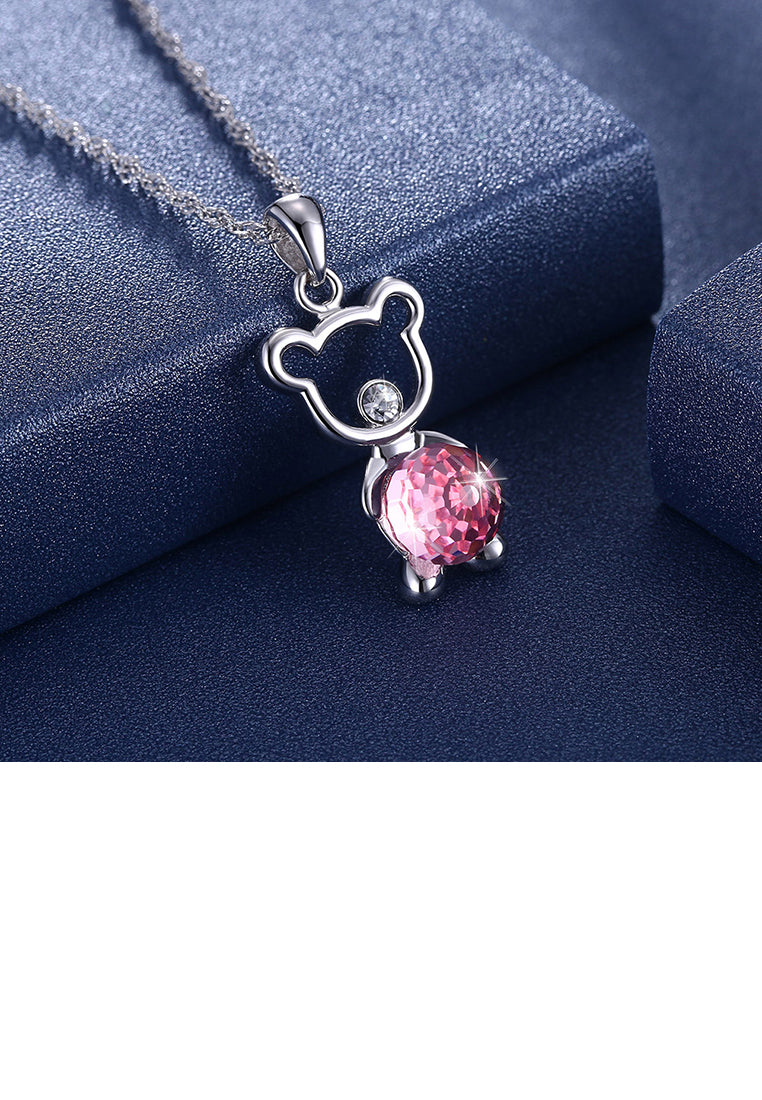 925 Sterling Silver Fashion Cute Little Bear Pendant Necklace with Pink Austrian Element Crystal - Vibrant Color