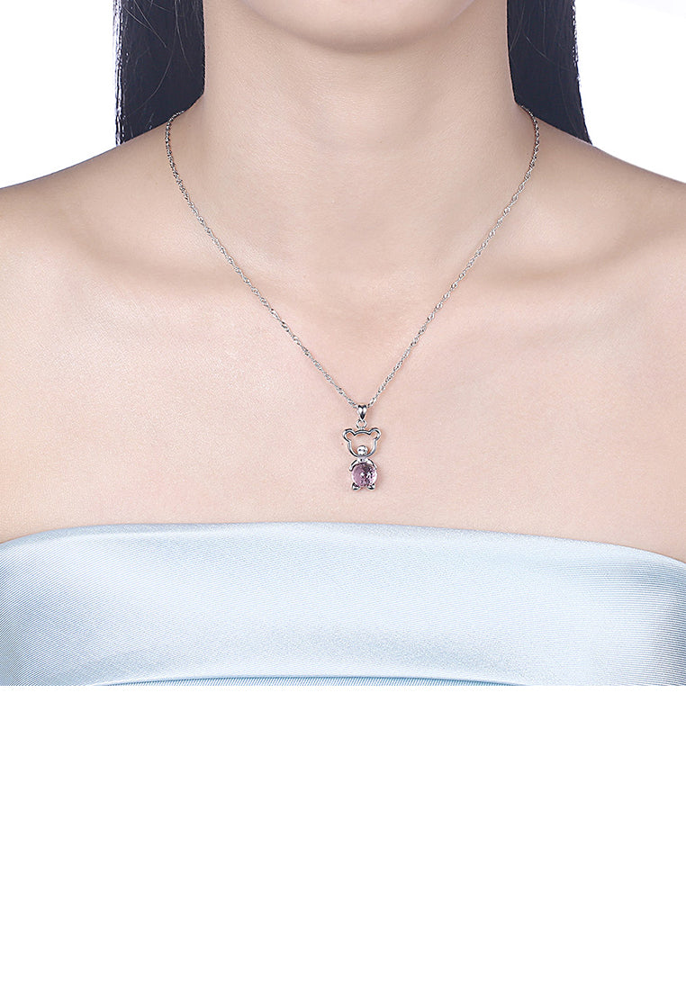925 Sterling Silver Fashion Cute Little Bear Pendant Necklace with Pink Austrian Element Crystal - Vibrant Color
