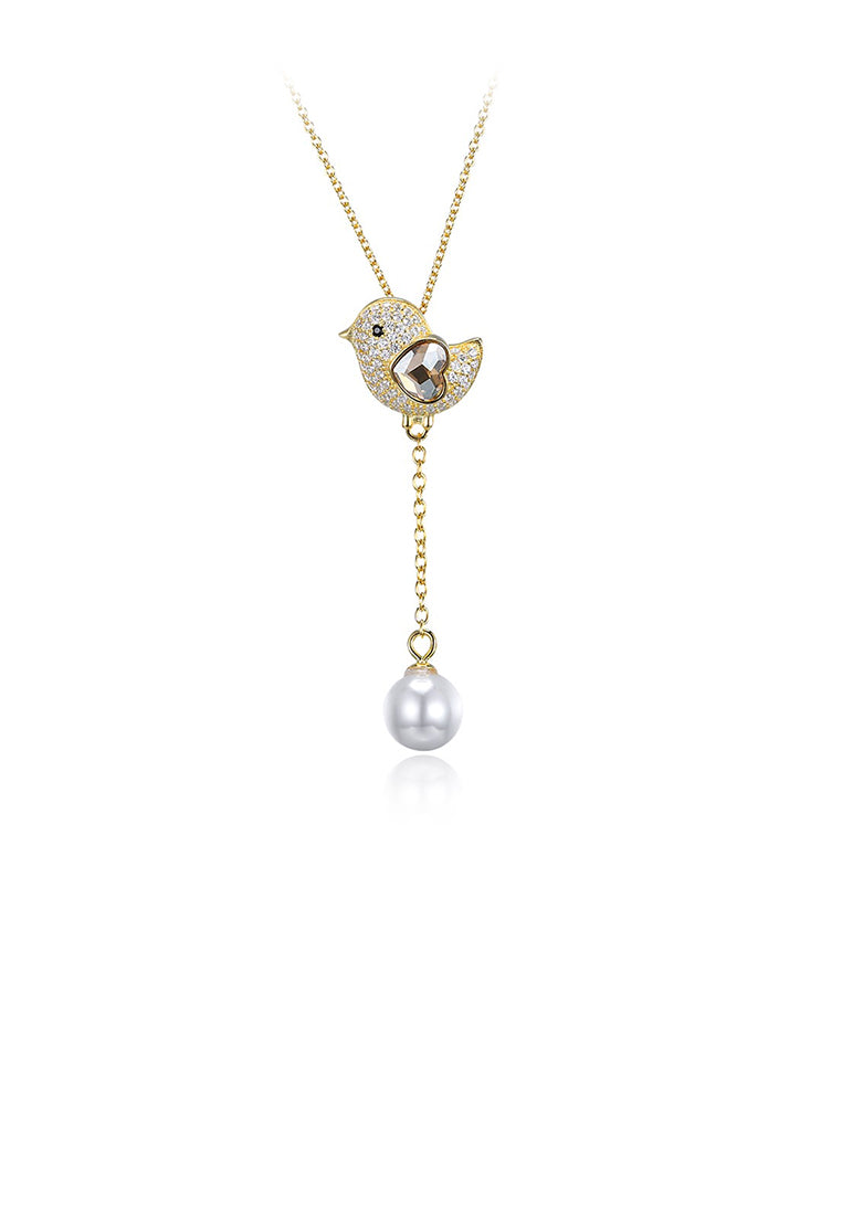 925 Sterling Silver Gold Plated Cute Bird Austrian Element Crystal Pendant with Pearl and Necklace - Luxurious Look