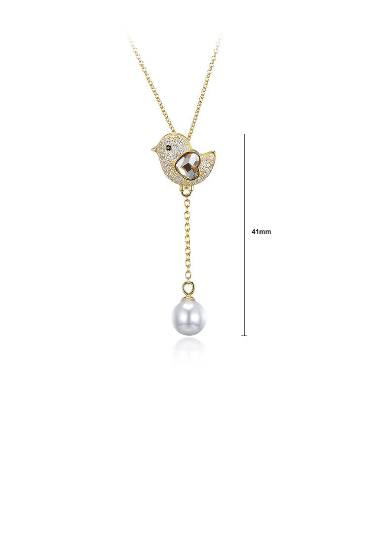 925 Sterling Silver Gold Plated Cute Bird Austrian Element Crystal Pendant with Pearl and Necklace - Luxurious Look