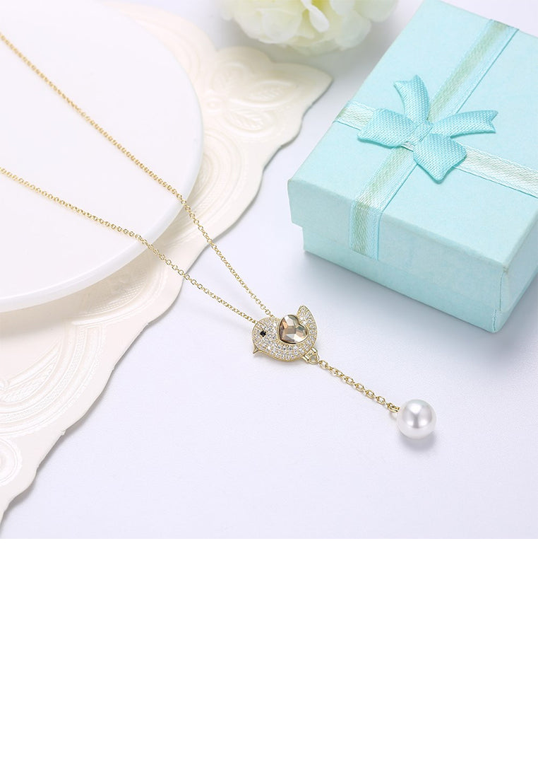 925 Sterling Silver Gold Plated Cute Bird Austrian Element Crystal Pendant with Pearl and Necklace - Luxurious Look