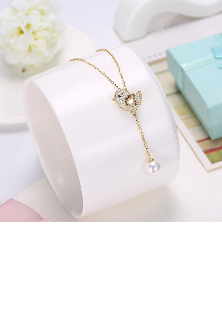 925 Sterling Silver Gold Plated Cute Bird Austrian Element Crystal Pendant with Pearl and Necklace - Luxurious Look