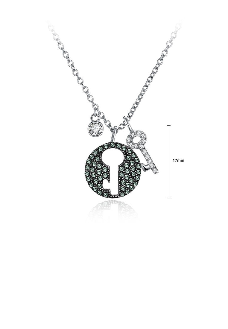 925 Sterling Silver Key Pendant with Green Austrian Element Crystal and Necklace