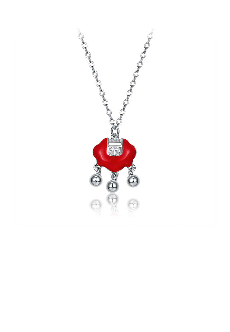 925 Sterling Silver Fashion Simple Red Ruyi Lock Bell Pendant with Necklace - Vibrant Color