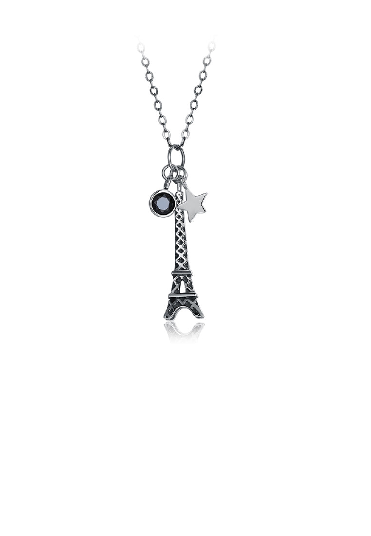 925 Sterling Silver Retro Elegant Fashion Eiffel Tower and Star Pendant Necklace with Cubic Zircon