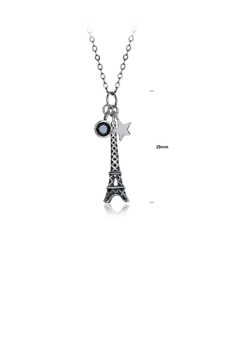 925 Sterling Silver Retro Elegant Fashion Eiffel Tower and Star Pendant Necklace with Cubic Zircon