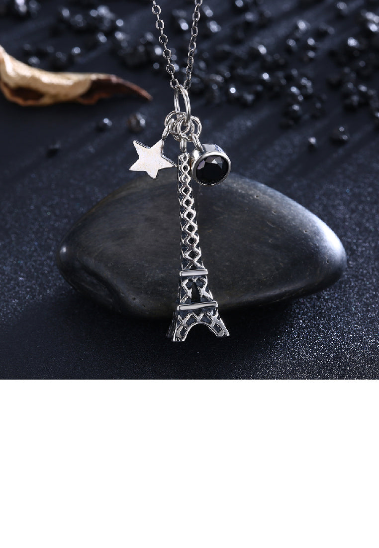 925 Sterling Silver Retro Elegant Fashion Eiffel Tower and Star Pendant Necklace with Cubic Zircon