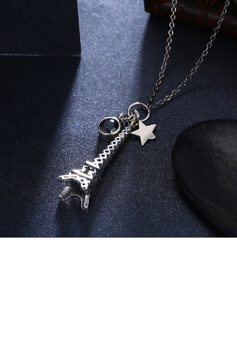 925 Sterling Silver Retro Elegant Fashion Eiffel Tower and Star Pendant Necklace with Cubic Zircon
