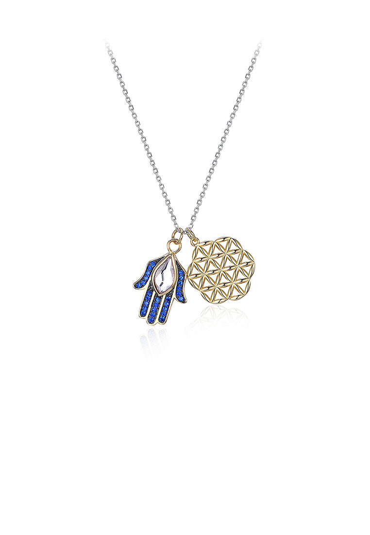 925 Sterling Silver Lucky Hand Pendant with Blue Austrian Element Crystal and Necklace