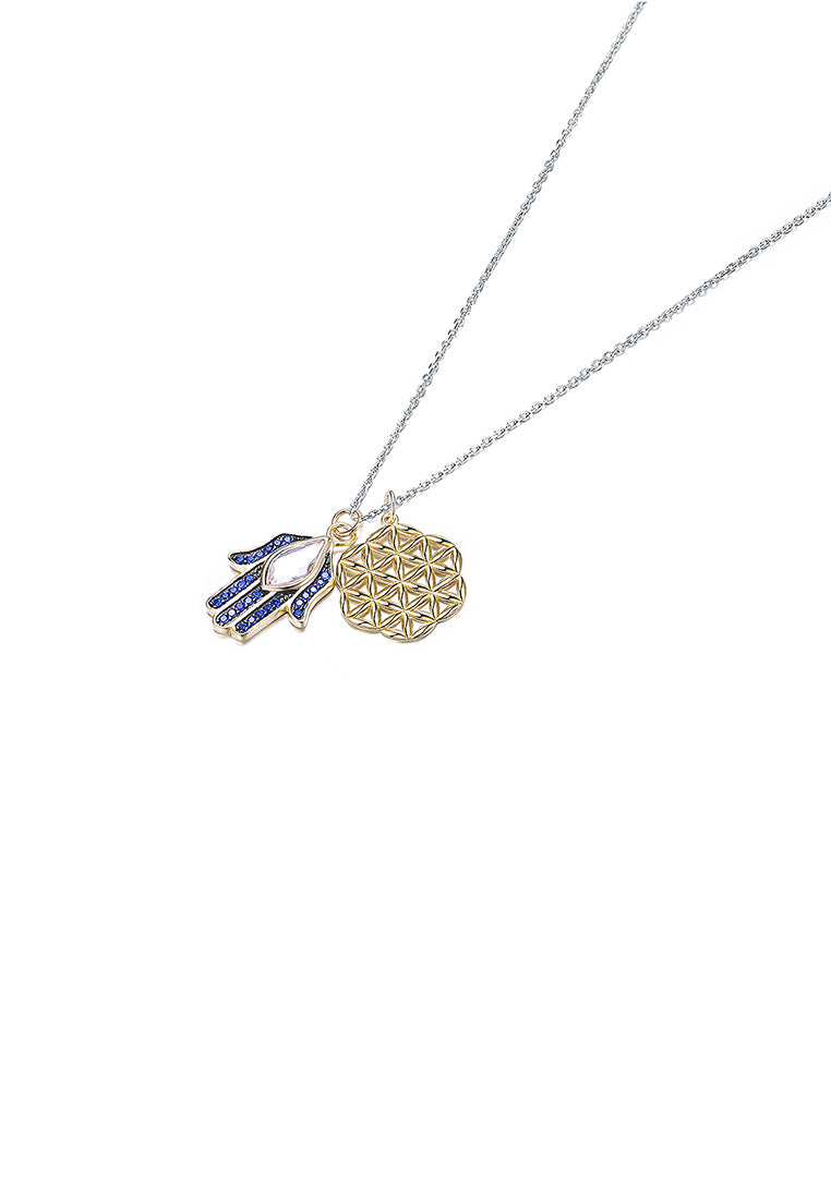 925 Sterling Silver Lucky Hand Pendant with Blue Austrian Element Crystal and Necklace