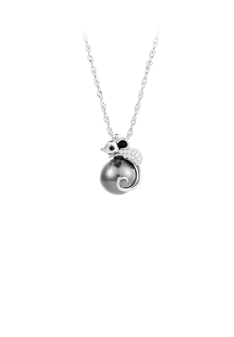 925 Sterling Silver Fashion Cute Little Mouse Black Freshwater Pearl Pendant with Cubic Zirconia and Necklace - Luxurious Look