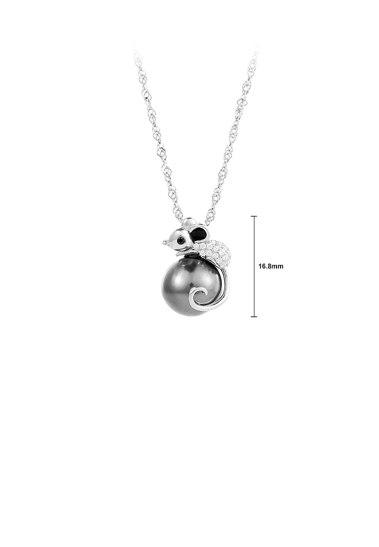 925 Sterling Silver Fashion Cute Little Mouse Black Freshwater Pearl Pendant with Cubic Zirconia and Necklace - Luxurious Look