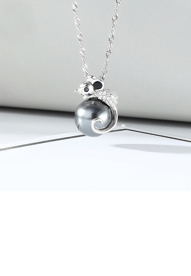 925 Sterling Silver Fashion Cute Little Mouse Black Freshwater Pearl Pendant with Cubic Zirconia and Necklace - Luxurious Look