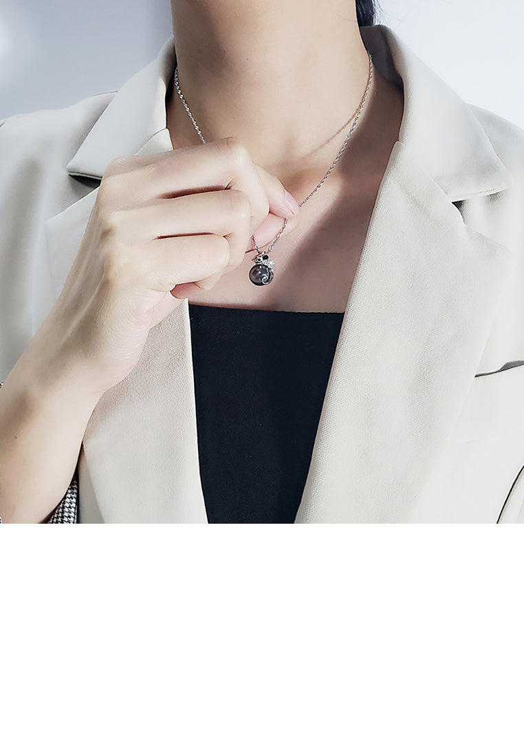 925 Sterling Silver Fashion Cute Little Mouse Black Freshwater Pearl Pendant with Cubic Zirconia and Necklace - Luxurious Look