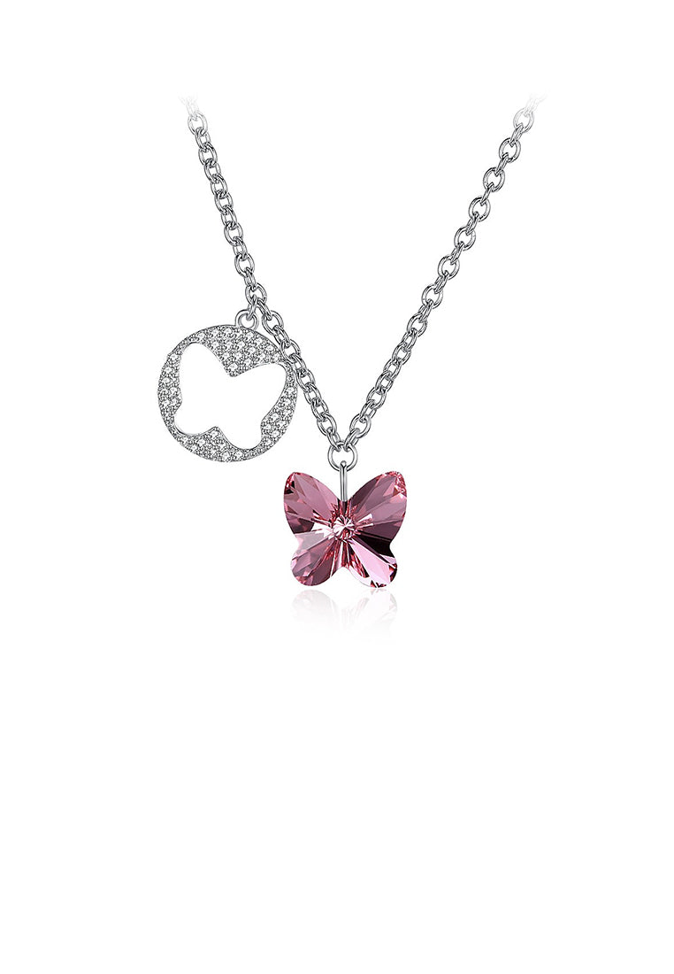 925 Sterling Silver Butterfly Pendant with Pink Austrian Element Crystal and Necklace - Vibrant Color