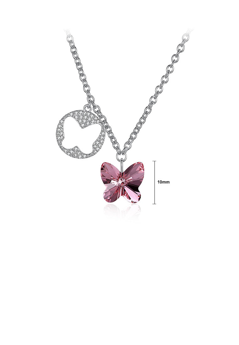 925 Sterling Silver Butterfly Pendant with Pink Austrian Element Crystal and Necklace - Vibrant Color