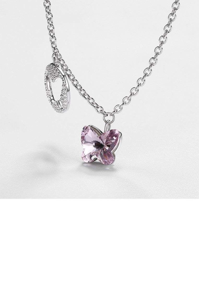 925 Sterling Silver Butterfly Pendant with Pink Austrian Element Crystal and Necklace - Vibrant Color