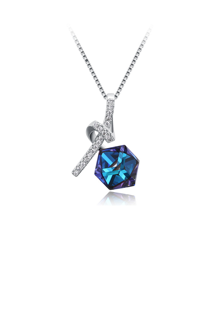 925 Sterling Silver Elegant Geometric Pendant with Blue Austrian Element Crystal and Necklace
