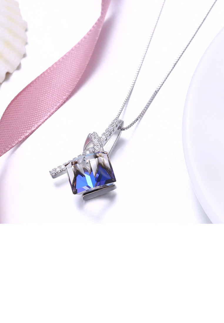 925 Sterling Silver Elegant Geometric Pendant with Blue Austrian Element Crystal and Necklace