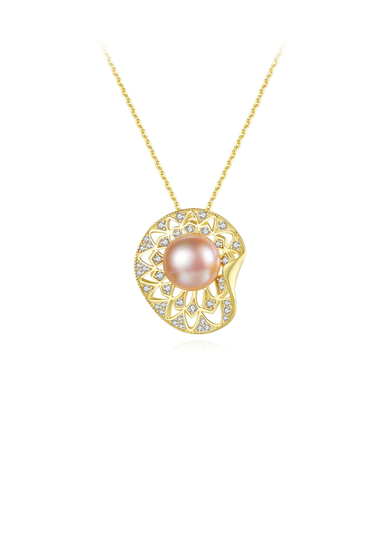 925 Sterling Plated Silver Gold Elegant Simple Shell Pink Freshwater Pearl Pendant with Cubic Zirconia and Necklace - Luxurious Look - Vibrant Color