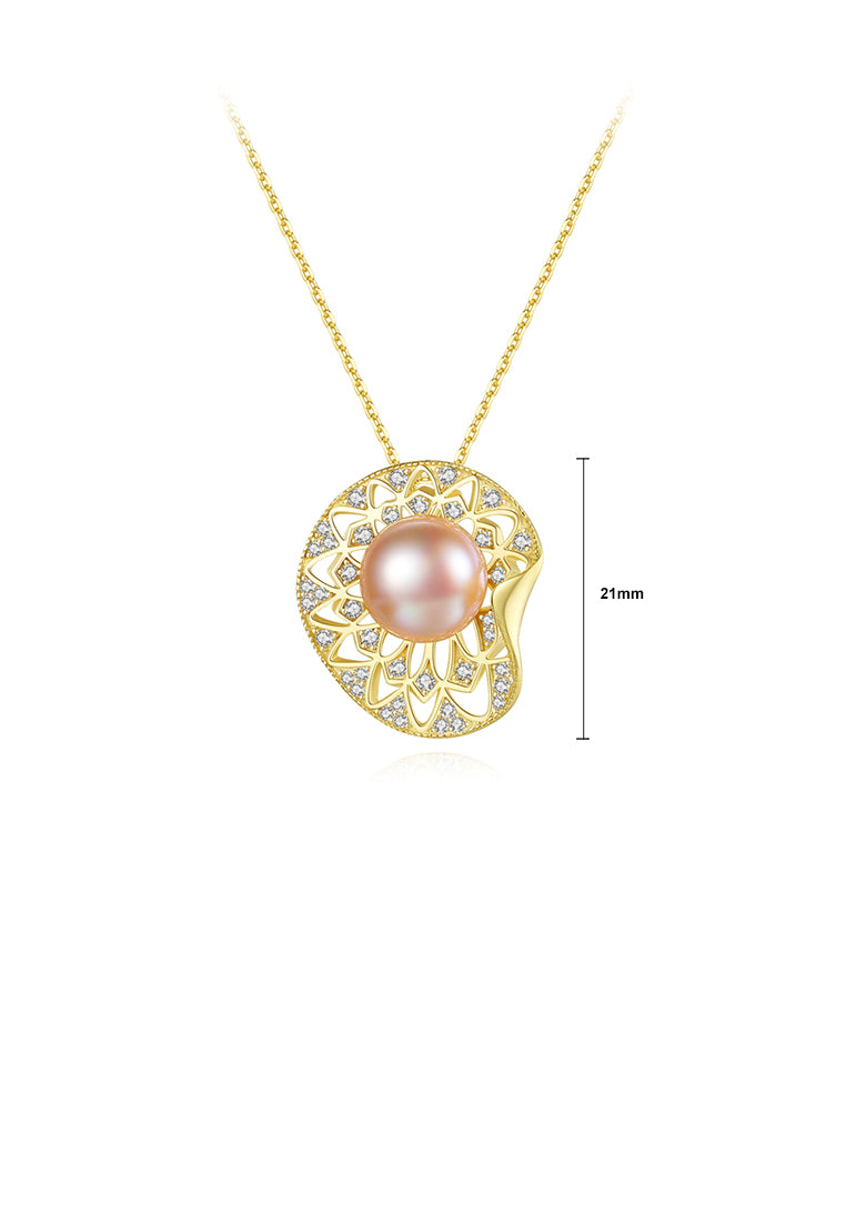 925 Sterling Plated Silver Gold Elegant Simple Shell Pink Freshwater Pearl Pendant with Cubic Zirconia and Necklace - Luxurious Look - Vibrant Color