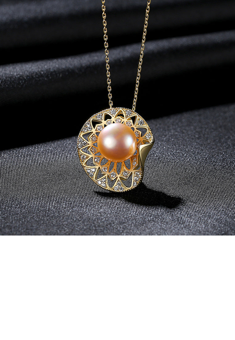 925 Sterling Plated Silver Gold Elegant Simple Shell Pink Freshwater Pearl Pendant with Cubic Zirconia and Necklace - Luxurious Look - Vibrant Color