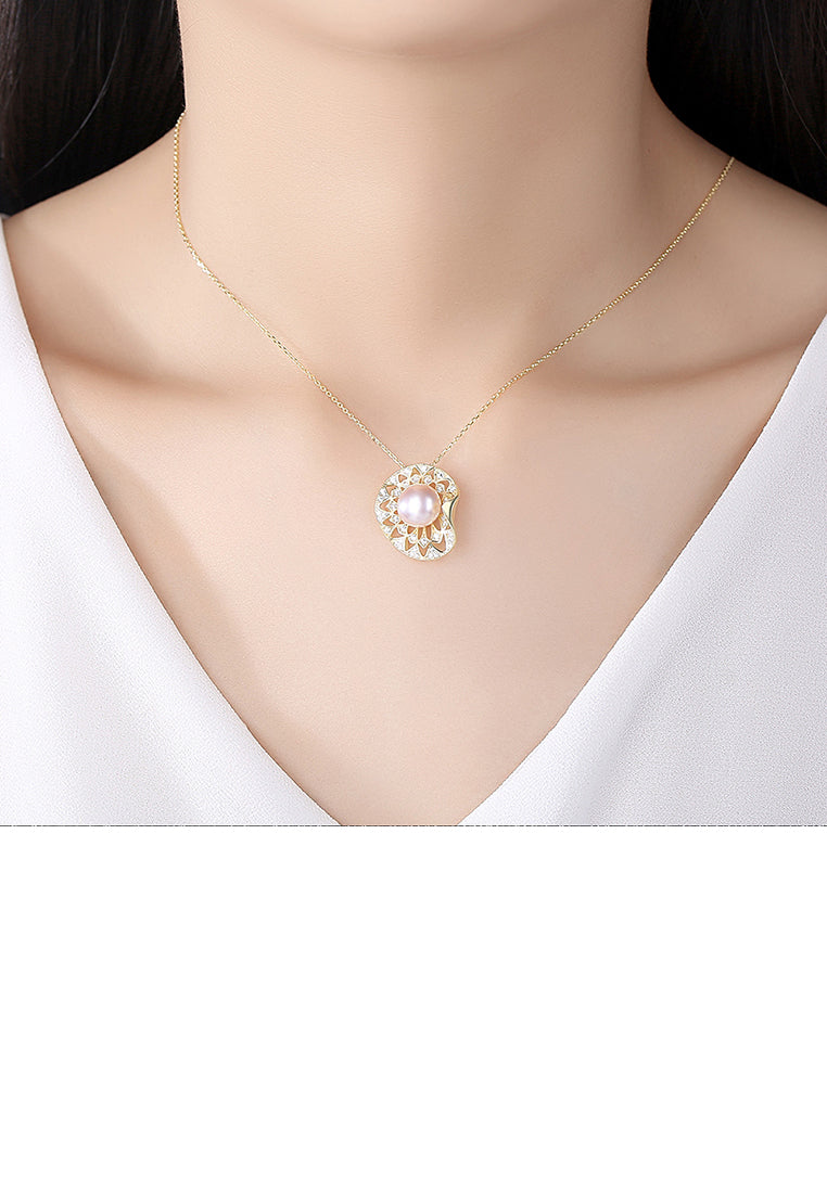 925 Sterling Plated Silver Gold Elegant Simple Shell Pink Freshwater Pearl Pendant with Cubic Zirconia and Necklace - Luxurious Look - Vibrant Color