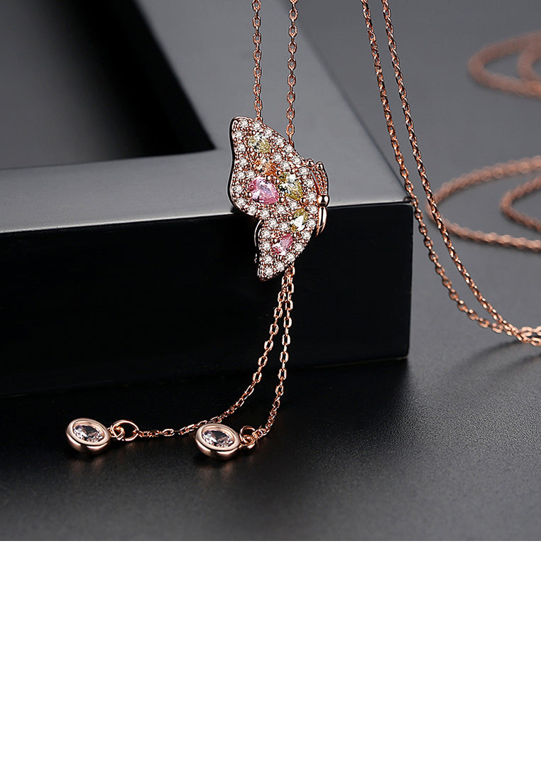 Simple and Fashion Plated Rose Gold Butterfly Cubic Zirconia Tassel Pendant with Long Necklace - Luxurious Look