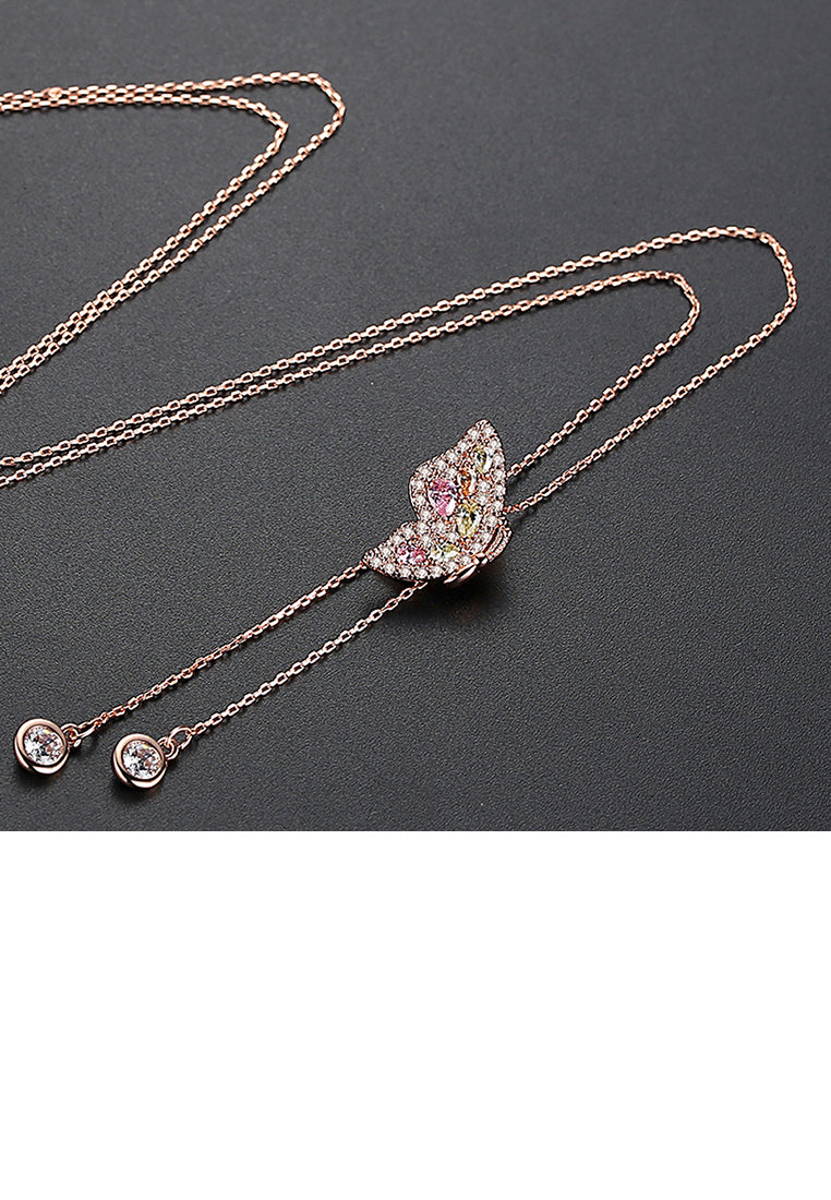 Simple and Fashion Plated Rose Gold Butterfly Cubic Zirconia Tassel Pendant with Long Necklace - Luxurious Look