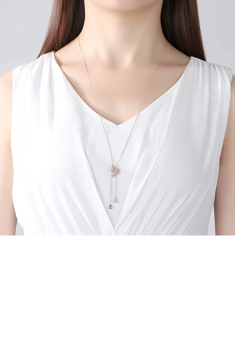 Simple and Fashion Plated Rose Gold Butterfly Cubic Zirconia Tassel Pendant with Long Necklace - Luxurious Look