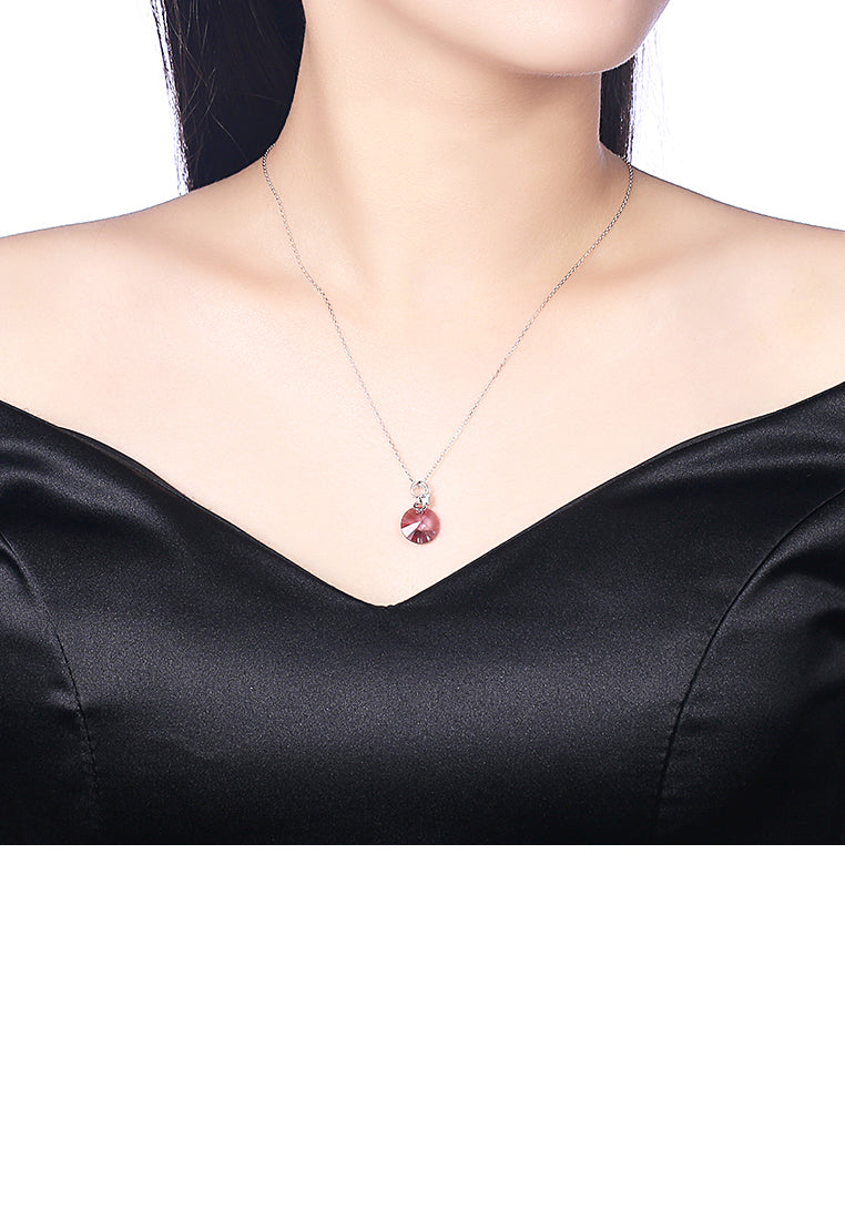 925 Sterling Silver Simple and Fashion Round Pendant with Pink Austrian Element Crystal and Necklace - Vibrant Color