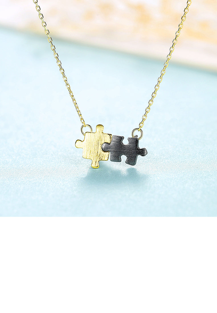 925 Sterling Silver Plated Gold Simple Creative Two-color Puzzle Pendant with Necklace