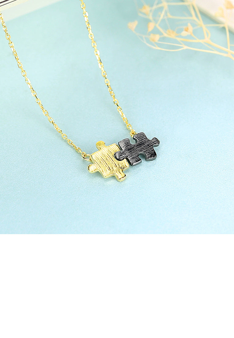 925 Sterling Silver Plated Gold Simple Creative Two-color Puzzle Pendant with Necklace