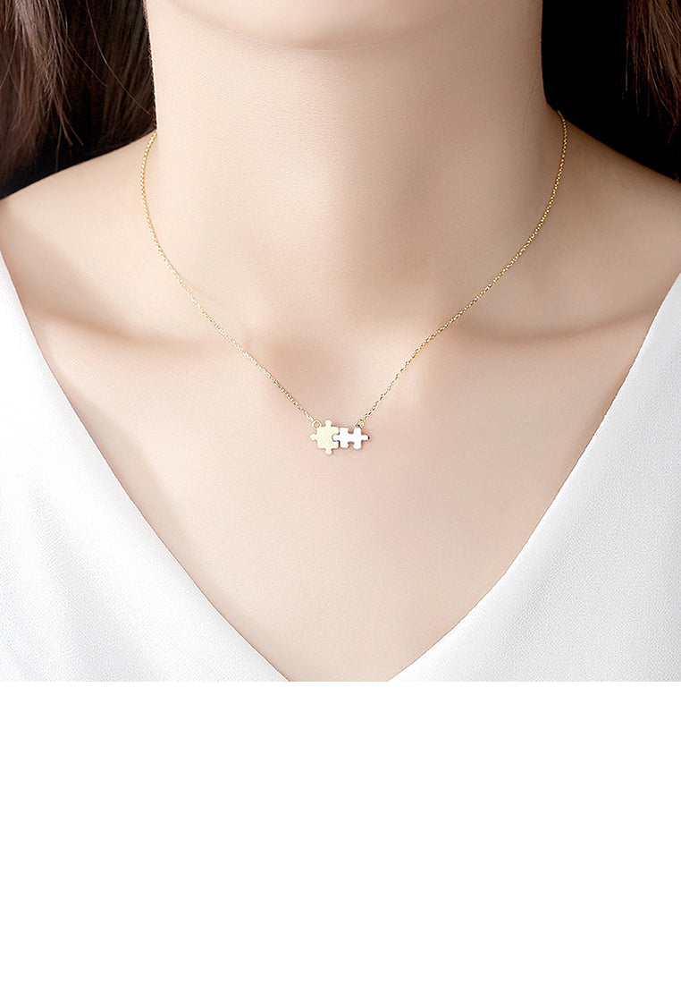 925 Sterling Silver Plated Gold Simple Creative Two-color Puzzle Pendant with Necklace