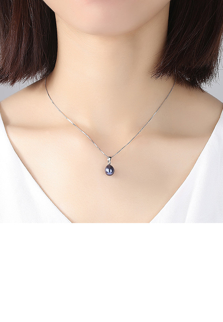 925 Sterling Silver Fashion and Elegant Water Drop-shaped Black Freshwater Pearl Pendant with Necklace - Luxurious Look