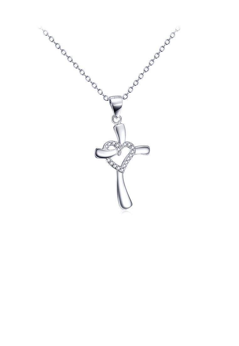 925 Sterling Silver Fashion Simple Heart-shaped Cross Pendant with Cubic Zirconia and Necklace - Luxurious Look