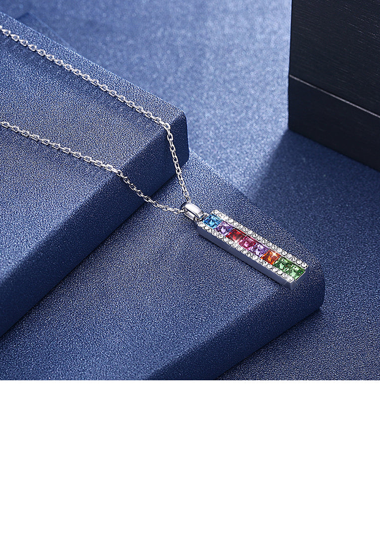 925 Sterling Silver Simple Elegant Fashion Geometric Rectangle Multicolor Austrian Element Crystal Pendant Necklace