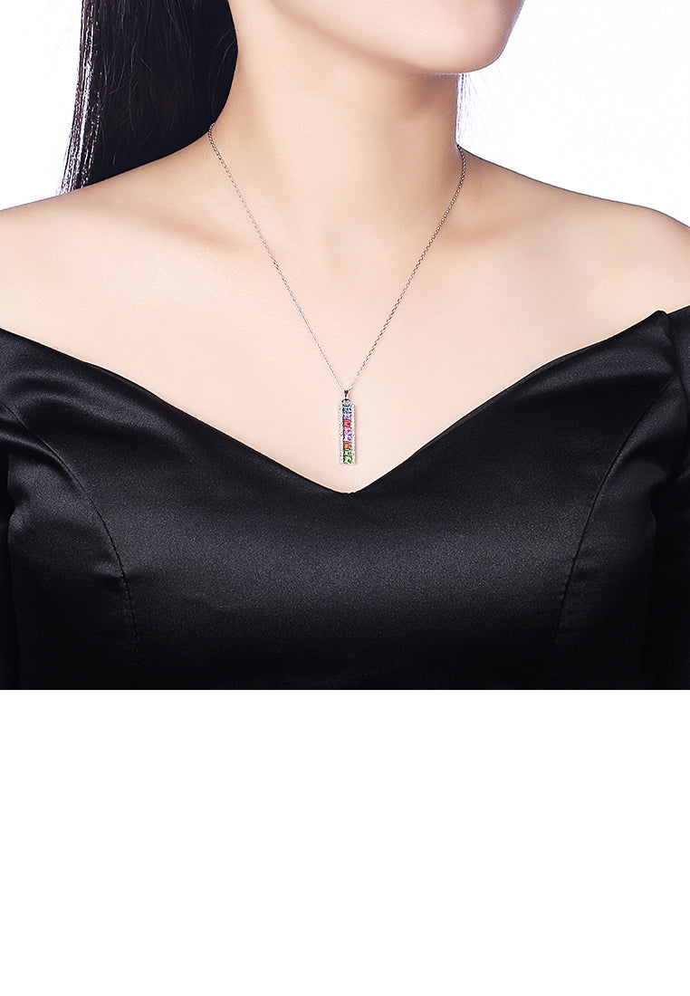 925 Sterling Silver Simple Elegant Fashion Geometric Rectangle Multicolor Austrian Element Crystal Pendant Necklace