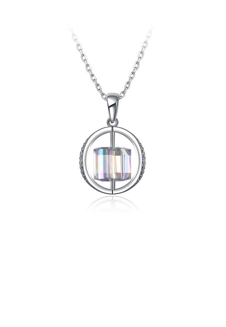 925 Sterling Silver Geometric Pendant with White Austrian Element Crystal and Necklace