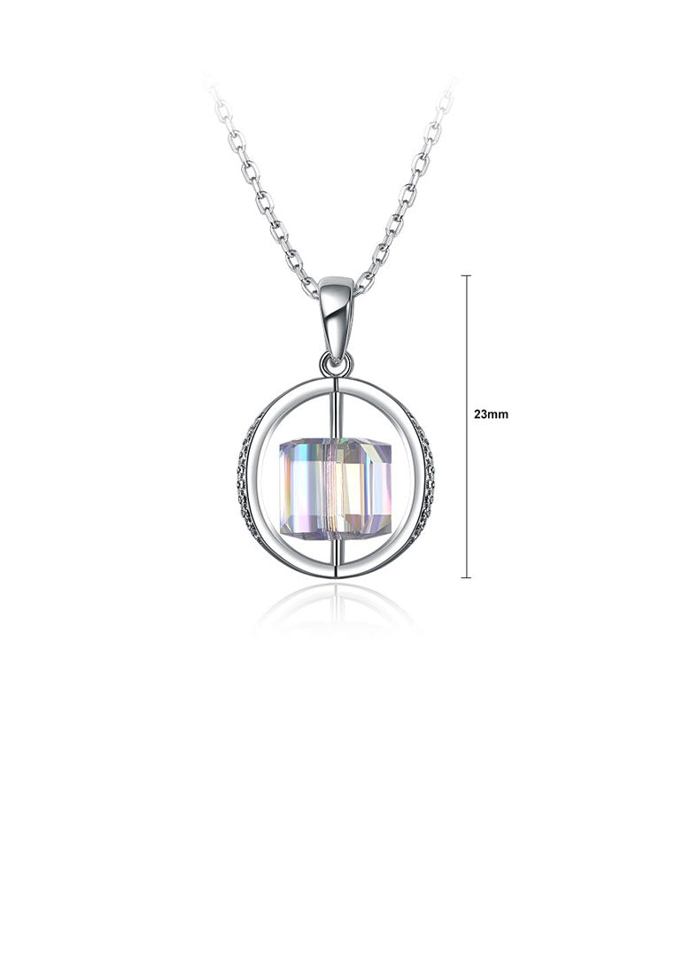 925 Sterling Silver Geometric Pendant with White Austrian Element Crystal and Necklace