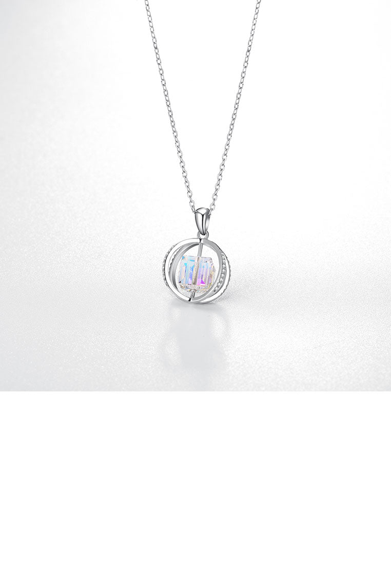 925 Sterling Silver Geometric Pendant with White Austrian Element Crystal and Necklace