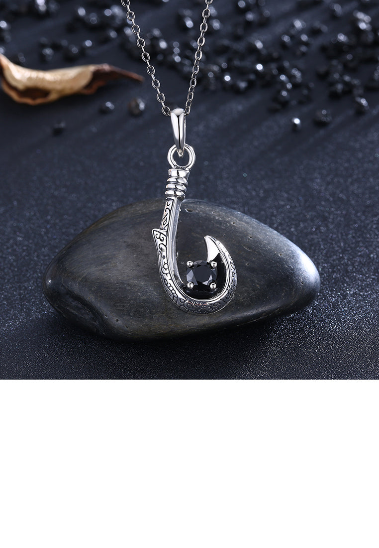 925 Sterling Silver Retro Fashion Fishhook Pendant Necklace with Cubic Zircon