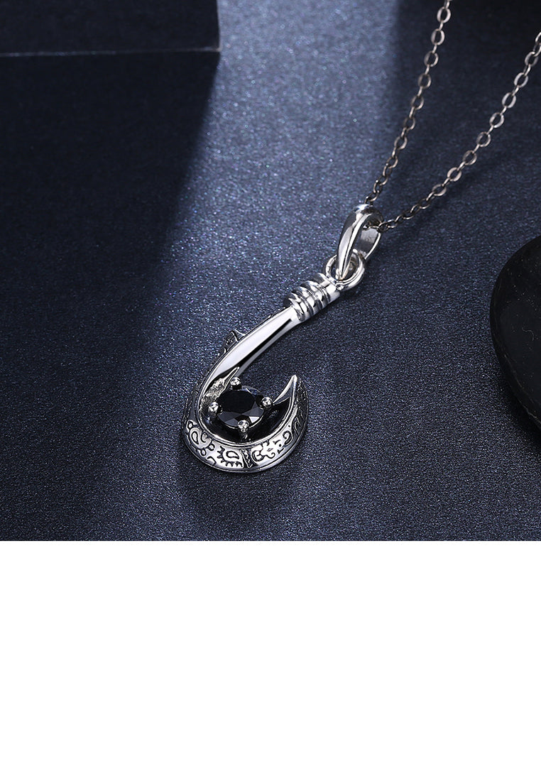 925 Sterling Silver Retro Fashion Fishhook Pendant Necklace with Cubic Zircon