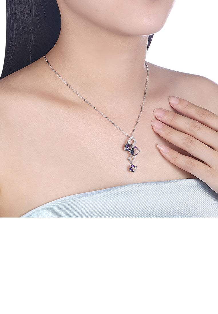 925 Sterling Silver Elegant Fashion Geometric Cube and Square Pendant Necklace with Cubic Zircon