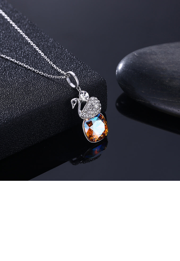 925 Sterling Silver Elegant Swan Geometric Pendant with Gold Austrian Element Crystal and Necklace