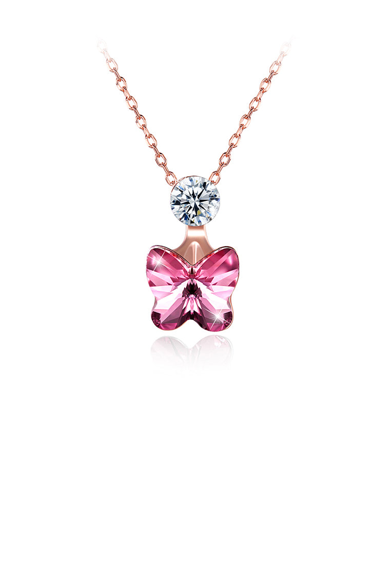 925 Sterling Silve Rose Gold Plated Sparkling Elegant Noble Romantic Sweet Pink Butterfly Pendant and Necklace with Austrian Element Crystal - Vibrant Color